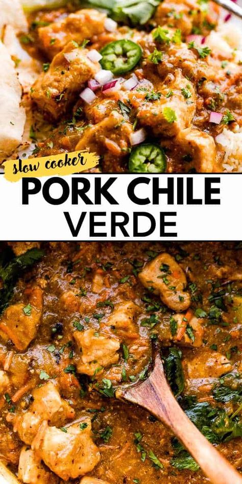 This Pork Chile Verde recipe features tender pork loin slow-cooked to perfection in a rich and zesty chile verde sauce, creating an irresistible family meal. Serve it with warm tortillas, rice, and a dollop of sour cream for a complete and seriously delicious dinner. #pork #chileverde Slow Cooker Pork Verde, Slow Cooker Pork Chile Verde, Pork Shoulder Roast Crock Pot Mexican, Pork In Green Sauce, Green Chile Pork Crockpot, Crock Pot Chile Verde Pork, Crock Pot Chili Verde Pork, Mexican Pork Crockpot, Pork Chili Crock Pot