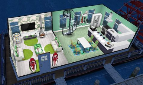 Houseboat sims design Sims Freeplay Boat House Ideas, Boat House Ideas, Sims Design, Sims Houses, Sims Free Play, Sims 4 House Plans, Sims Freeplay, Boat House, Free Play