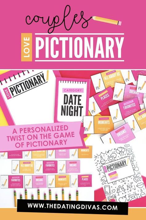 VALENTINE'S DAY DATE NIGHT IDEA- A fun Couples Love-Themed Pictionary game with a personalized twist in which couples are given prompts for what to draw rather than a specific item. Perfect for a date night at home. Especially for Valentine's Day #valentinesdaydate #datenight #datingdivas Church Couples Night Ideas, Relationship Printables, Library Valentines, Marriage Tattoos, Diy Projects For Couples, Marriage Conference, Couples Games, Couples Night, Couples Game Night