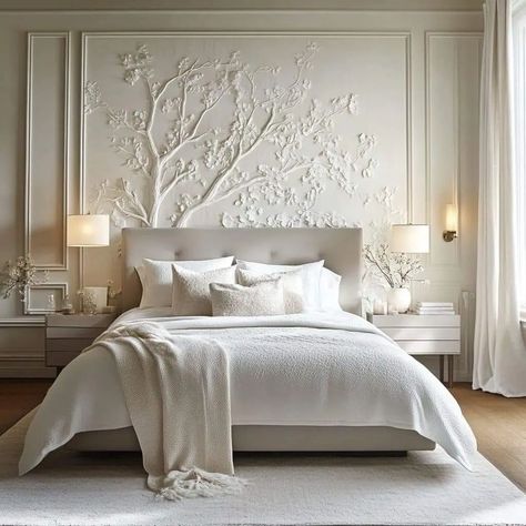 Wall Decoration Ideas ✨️ #walldecor #walldesign #walllightdesign #walldecorationforlivingroom #homedesignsdworld #explorepage #explore #latestdesigns Plaster Decor, Cream And White Bedroom, Embossed Wall, Wall Decoration Ideas, French Style Homes, Clay Wall Art, Wall Lighting Design, Luxurious Bedroom, Clay Wall