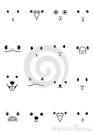 Set of simple pet animals face line art,  eyes, nose and mouth. Animal Noses Drawing, Cute Animal Eyes Drawing Cartoon, Cartoon Animal Eyes, Cat Face Drawing Cartoon, Animal Face Doodle, Cat Face Cartoon, Dog Faces Illustration, Face Doodles, Animal Noses