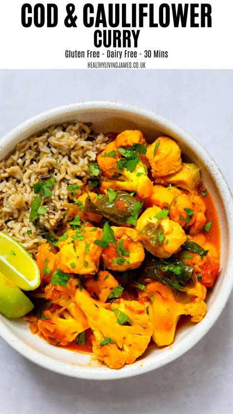 Best vegan and gluten free cod and cauliflower curry. Cod Curry, Curry Dinner, Curry Healthy, Curry Cauliflower, Gluten Free Recipes For Lunch, Gluten Free Lunch, Cauliflower Curry, Glutenfree Dairyfree, Allergy Free Recipes