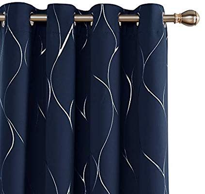 Deconovo Thermal Insulated Blackout Curtains Silver Wave Foil Printed Eyelet Curtains for Bedroom with Two Matching Tie Backs Navy Blue W46 x L72 One Pair Curtains For Navy Blue Bedroom, Navy Bedroom Curtains, Navy Blue And Silver Wallpaper Bedroom, Blue Blackout Curtains, Navy Curtains, Insulated Drapes, Ocean Themed Bedroom Curtains & Drapes, Navy Blue Curtains Bedroom Bed Bath & Beyond, Sliding Door