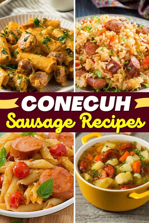 Smoky, savory, and subtly spicy, these Conecuh sausage recipes are just what you need to bring a touch of rich Southern charm to your dinner table. Dinner Ideas With Conecuh Sausage, Conecuh Sausage Recipes Crockpot, Lil Sausage Recipes, Recipes With Conecuh, Hatch Chili Sausage Recipes, Conecuh Sausage Recipes Breakfast, Hot Sausage Link Recipes Dinners, Conecuh Sausage Recipes Appetizers, Conecuh Recipes