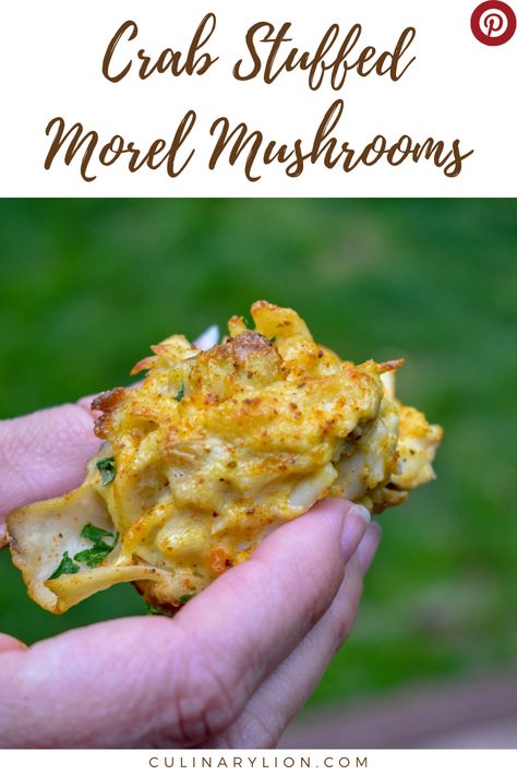 Split morel mushroom stuffed with Maryland crabmeat Recipes With Morel Mushrooms, Best Way To Cook Morel Mushrooms, Stuffed Morel Mushrooms, Stuffed Morel Mushroom Recipes, Morrell Mushroom Recipes, Morel Recipes, Morel Mushroom Recipes, Wild Recipes, Elote Recipe