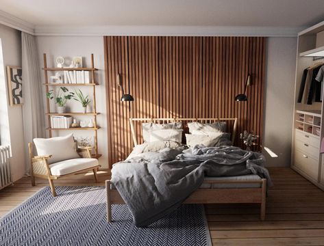 10 Bedroom Wood Panel Wall Ideas That You'll Fall in Love With Vertical Slats Wall, Wood Panel Bedroom, Wall Behind Bed, Wood Feature Wall, Feature Wall Bedroom, Wood Slat Wall, Bedroom Trends, Slatted Headboard, Headboard Wall