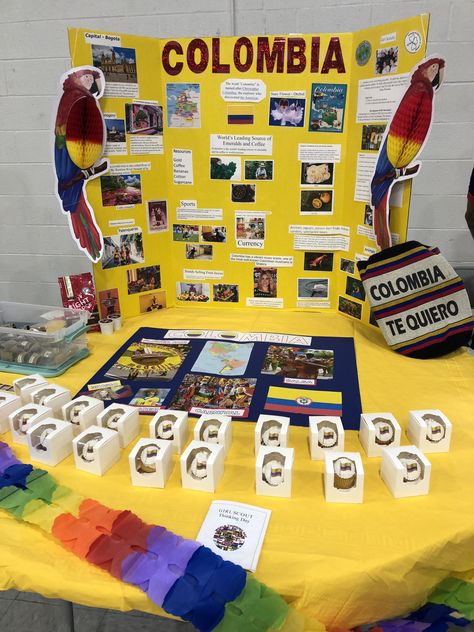 International Day School Ideas, Culture Fair Ideas, Country Poster Board Ideas, Multicultural School Event, Country Project Ideas For School, Geography Fair Ideas, Geography Fair Display, 3rd Grade Culture Project, Colombia School Project