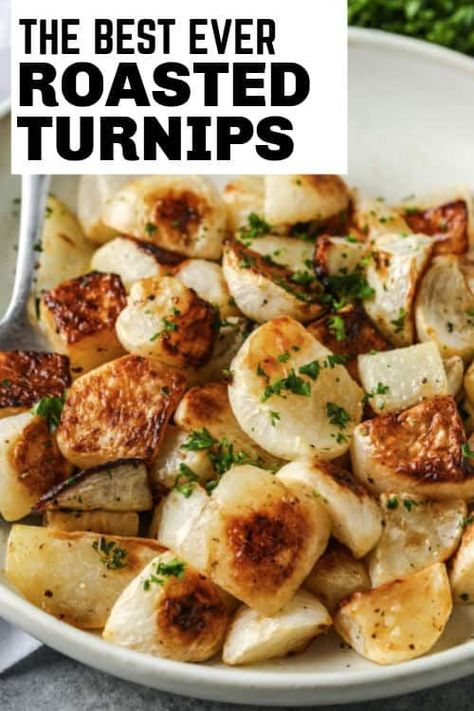 Roasted Turnips are so easy to make and only use 4 ingredients. Turnips mixed with olive oil, salt, and pepper, then roasted until tender and tossed with butter! #spendwithpennies #roastedturnips #recipe #sidedish #roasted #fresh Turnips Recipe Southern Style, Baked Turnips, Turnips Recipes, Turnip Roots, How To Cook Turnips, Farm Basket, Quick Easy Side Dishes, Greens Recipes, Roasted Turnips