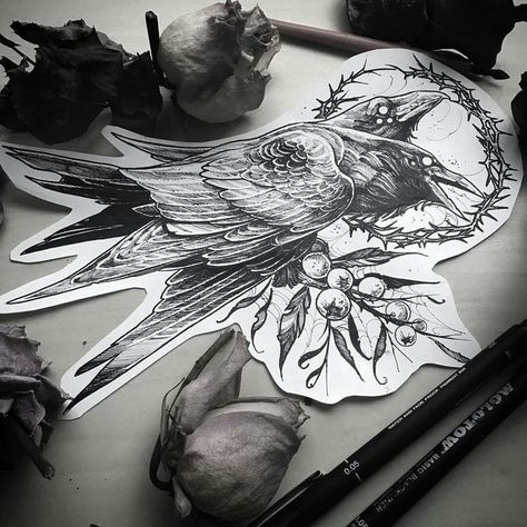 Rabe Tattoo, Neotraditional Tattoo, Odin's Ravens, Swallow Tattoo, Crow Tattoo, Raven Tattoo, Raven Art, Dark Art Tattoo, Desenho Tattoo