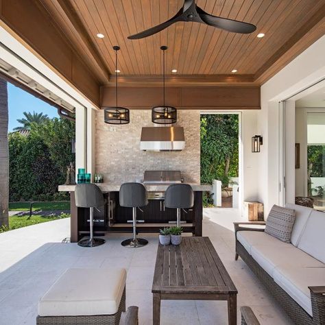 Waterfront Backyard, Indoor Outdoor Living Room, California Room, Patio Remodel, Modern Bungalow House, Backyard Remodel, Wood Ceiling, Outside Patio, Outdoor Living Room