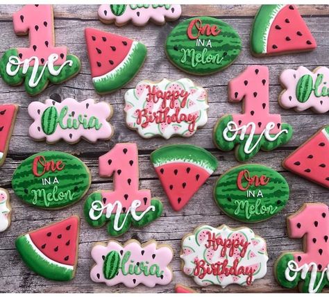 Watermelon Cookies Watermelon Birthday Cookies, One In A Melon First Birthday Cookies, One In A Melon Birthday Cake, Watermelon First Birthday Party, 1st Birthday Watermelon Theme, One In A Melon Cookies, Watermelon 1st Birthday Party Girl, Watermelon Party Ideas Decoration, One In A Melon First Birthday Cake