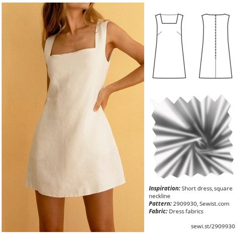 Simple Short Dress Pattern, Square Neckline Sewing Pattern, Short Dresses Pattern, Reformation Sewing Pattern, Self Made Dress Ideas, Simple Mini Dress Pattern, Square Neckline Top Pattern, Linen Sundress Pattern, Diy Pinafore Dress Woman Free Pattern