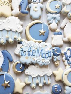 Over The Moon Cookies, Baby Shower Cookies For Boy, Baby Shower Cookies Neutral, Cloud Cookies, Baby Bottle Cookies, Boy Babies, Star Sugar Cookies, Baby Boy Cookies