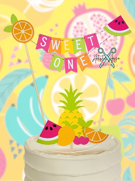 Fruit Cake Topper, Sweet One Cake, Tutti Frutti Party, Gender Reveal Banner, Birthday Smash Cake, Cake Bunting Topper, Cake Bunting, Yellow Lime, Tutti Frutti