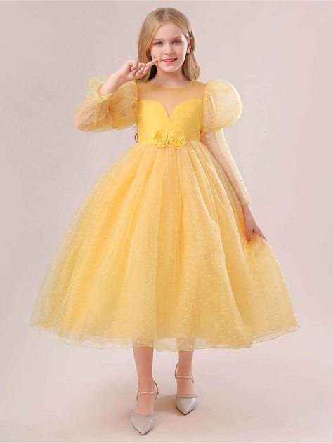 Girls Stereo Flower Gigot Sleeve Tie Back Mesh Party Dress | SHEIN USA Kids Yellow Dress, Yellow Princess Dress, Yellow Flower Girl Dresses, Girls Yellow Dress, Mesh Party Dress, Yellow Party, Girls Clothing Online, Rainbow Wedding, White Flower Girl Dresses