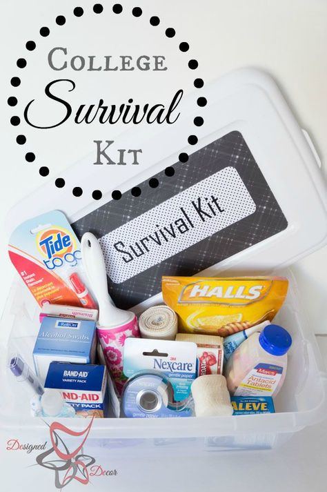 College Survival Kit - DIY Emergency Kit-pinnable College Survival Kit, Graduate Gifts, Diy Survival, Survival Kit Gifts, College Ideas, College Survival, Survival Supplies, College Care Package, Ormond Beach