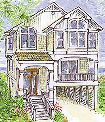 Dolphins Frolic’s soft arches compliment tall windows in a narrow lot design. Open spaces and four bedrooms provide the ideal layout for large … Beach House On Stilts, Raised Beach House, Coastal Home Plans, Beach House Flooring, Beachside Bungalow, Coastal Homes Plans, Small Beach Houses, Narrow House Plans, Coastal House Plans