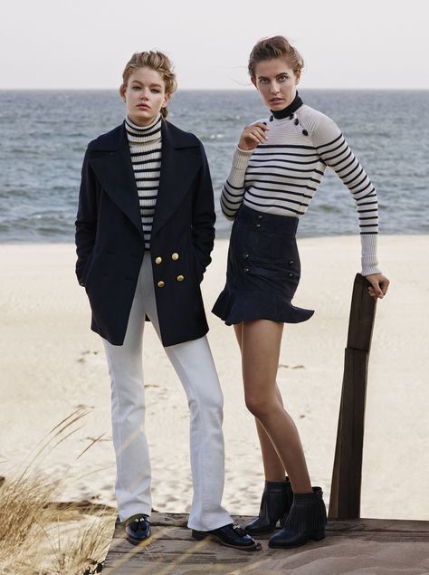 Rag & Bone peacoat; IRO sweater; Joie jeans; Stuart Weitzman shoes. Isabel Marant sweater and skirt; J Brand sweater (underneath); Aldo boots. Nautical Fashion Women, Sailing Fashion, Nautical Aesthetic, W Magazine, Estilo Preppy, Sailing Outfit, Nautical Fashion, Christian Lacroix, Looks Style