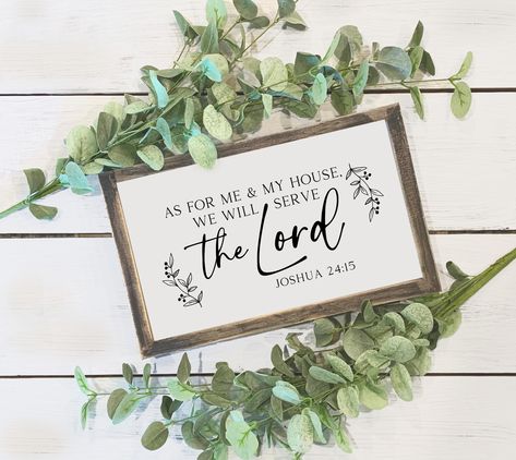 Our wood signs are a perfect addition to any farmhouse/rustic home decor. This Sign looks great for hanging or shelf-sitting. It is made of wood with vinyl writing text. The frame is stained in Roanoke color. This Inspirational Wall decor comes with Bible Verse: "As for me and my house, we will serve the Lord.” Joshua 24:15 Measurements: H 13” x W20” Bible Verse For Family House, As For Me And My House, For Me And My House Will Serve The Lord, As For Me And My House We Serve The Lord, Christian Housewarming Gift, Family Bible Verses, Frames Mockup, Writing Text, Bible Verse Signs