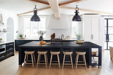 House & Home - Three Beautiful Black and White Kitchens, Three Unique Styles Black And White Kitchens, Black Lower Cabinets, Stand Alone Pantry, No Upper Cabinets, Black White Kitchen, Black Island, Herringbone Wood Floor, European Kitchens, Walnut Floors