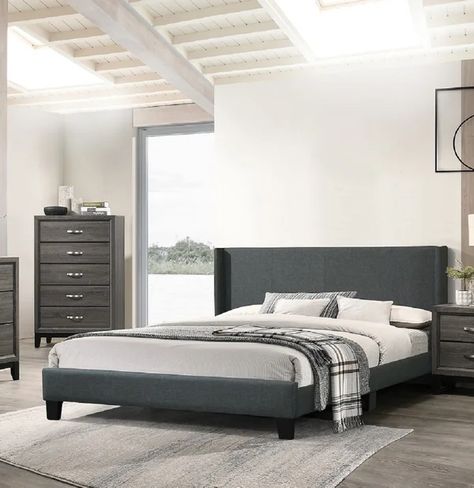 Master Bed Blue And Grey Bedding, Gray Bed, Platform Bed Wood, Bed Platform, Wingback Bed, Wooden Headboard, Bed Headboard, Tufted Headboard, Contemporary Bed