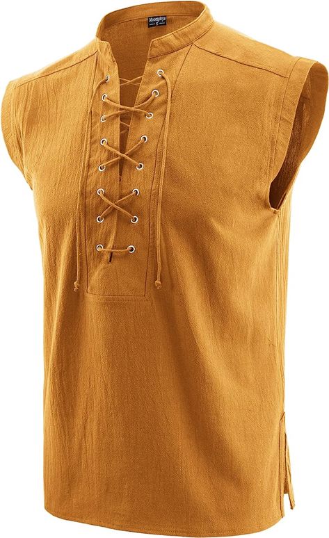 Medieval Mens Clothing, Steampunk Medieval, Medieval Shirt, Pirate Outfit, Medieval Gothic, Medieval Clothing, Yellow Shirts, Sleeveless Tunic, Costume Outfits