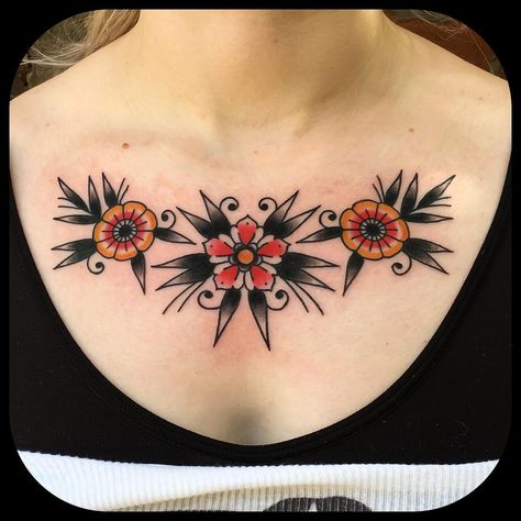 Clavicle Tattoo, Piece Tattoo, Floral Tattoos, Chest Tattoos, Ink Inspiration, Chest Piece Tattoos, Traditional Tattoos, Chest Piece, School Tattoo