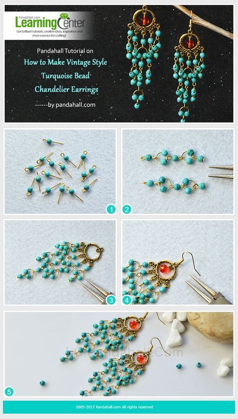 PandaHall Tutorial on How to Make Vintage Style Turquoise Bead Chandelier Earrings Anting Manik, Bead Chandelier, Beaded Chandelier Earrings, Diy Jewelry Earrings, Beaded Earrings Diy, Jewelry Making Earrings, Beaded Jewelry Tutorials, Beaded Chandelier, Jewelry Clasps