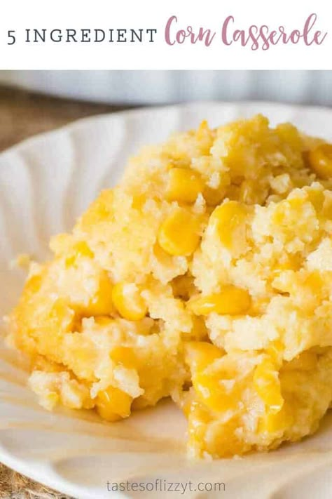 5 Ingredient Corn Casserole Recipe {with Jiffy Mix} - Tastes of Lizzy T Easy Corn Recipes, Easy Corn Casserole Recipe, Scalloped Corn Casserole, Creamed Corn Casserole Recipe, Sweet Corn Casserole, Easy Corn Casserole, Cream Corn Casserole, Corn Side Dish, Jiffy Mix