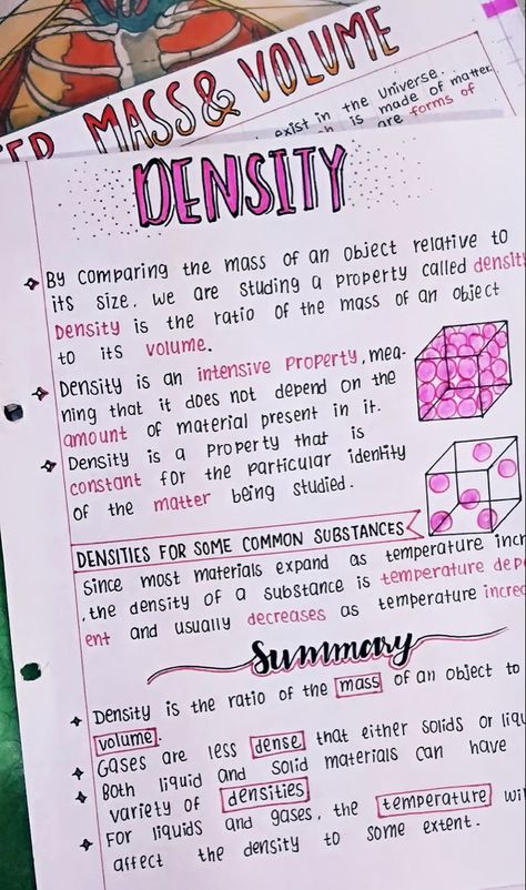 Cute Notes Ideas For School Science, Aesthetic Notes Inspo Science, Density Notes, Asthetic Notes For School, Science Notes Ideas, Chemistry Aesthetic Notes, Physics Notes Aesthetic, Chemistry Notes Aesthetic, Study Guide Ideas