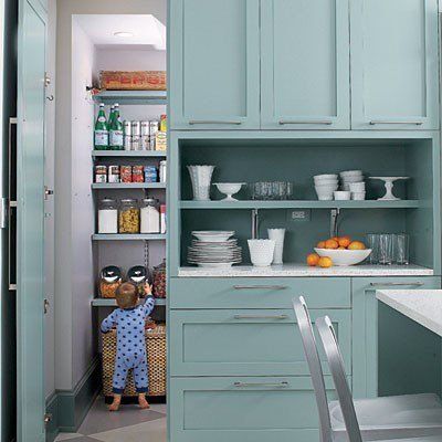 Would love to do a kitchen with Benjamin Moore Stratton Blue cabinets and silver hardware Stratton Blue, Under Stairs Pantry, Aqua Kitchen, Cottage Kitchen Design, Hidden Pantry, Blue Kitchen Cabinets, Cabinet Color, Cottage Kitchens, Blue Cabinets