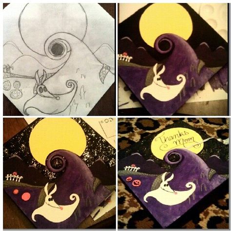 My FIDM graduation cap grom a few years ago Graduation Cap Designs Nightmare Before Christmas, Nightmare Before Christmas Graduation Cap, Corpse Bride Graduation Cap, Tim Burton Graduation Cap, Nightmare Before Christmas Grad Cap, Coraline Graduation Cap, Grad Cap Ideas, Caps Ideas, Senior Crowns