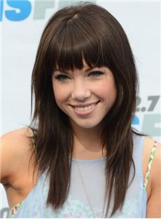 Last Long Soft Remy Long Silky Straight Dark Brown Wig with Full Bang 100% Real Human Hair 16 Inches Women Haircuts Long, Layered Haircuts With Bangs, Layered Hair With Bangs, Carly Rae Jepsen, Long Layered Haircuts, Fringe Hairstyles, Long Hair With Bangs, Long Layered Hair, Prom Hairstyles