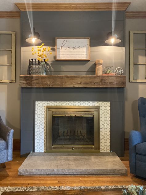 Blue Gray Fireplace Mantle, Redoing Gas Fireplace Ideas, Shiplap Fireplace Wall, Fireplace Diy, Fireplace Redo, Decor 2023, Shiplap Fireplace, Basement Renovation, Farmhouse Fireplace