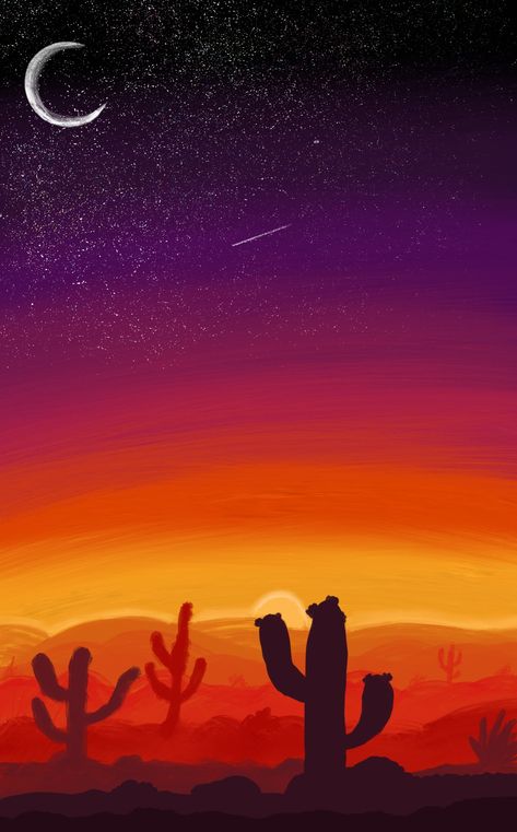 Desert Sky Night, Sunset With Stars Painting, Desert At Night Painting, Desert Sunset Painting Easy, Desert Night Art, Desert Night Painting, Sunset Moon Painting, Night Desert Painting, Sun Rise Drawing