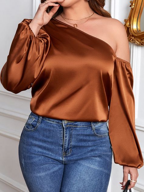 Café integral Elegante Collar manga larga Tela tricotada Liso Top Embellished No-Elástico  Ropa de Mujer Plus Satin Tops Blouses Classy, Silk Top Outfit, Satin Top Outfit, Striped Off Shoulder Top, Plus Zise, Stylish Tops For Women, Satin Blouses, Satin Blouse, Coffee Brown