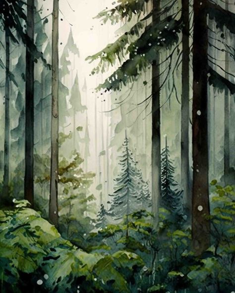 Digital Forest Art, Forest Print, Forest Painting Ideas, Evergreen Forest, Autumn Nature, Forest Art, Watercolor Landscape, Digital Art Prints, Portrait Drawing