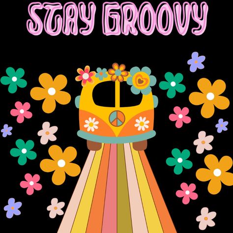 Groovy Classroom Decor Ideas, Groovy Bulletin Board Ideas, 70’s Disco, Preschool Door, Photo Zone, Teacher Bulletin Boards, Hippie Van, School Doors, Hippie Flowers