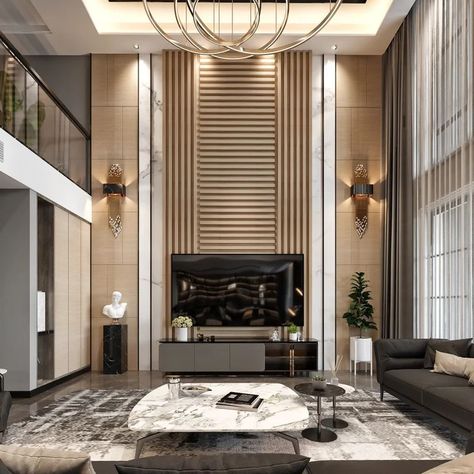 Tv Wall Panel, Living Room Lighting Design, Double Height Living Room, High Ceiling Living Room, Ceiling Panel, Wall Panel Design, Feature Walls, Tv Unit Design, Wall Decor Design