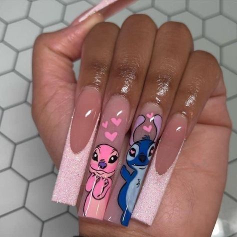 Pink Stitch Nails, Stitch Valentines Nails, Boondocks Nails, Hand Drawn Nail Art Acrylics, Burn Book Nails, Stitch Acrylic Nails, Nails Cartoon Design, Baddie Short Acrylic Nails Square, Stitch And Angel Nails