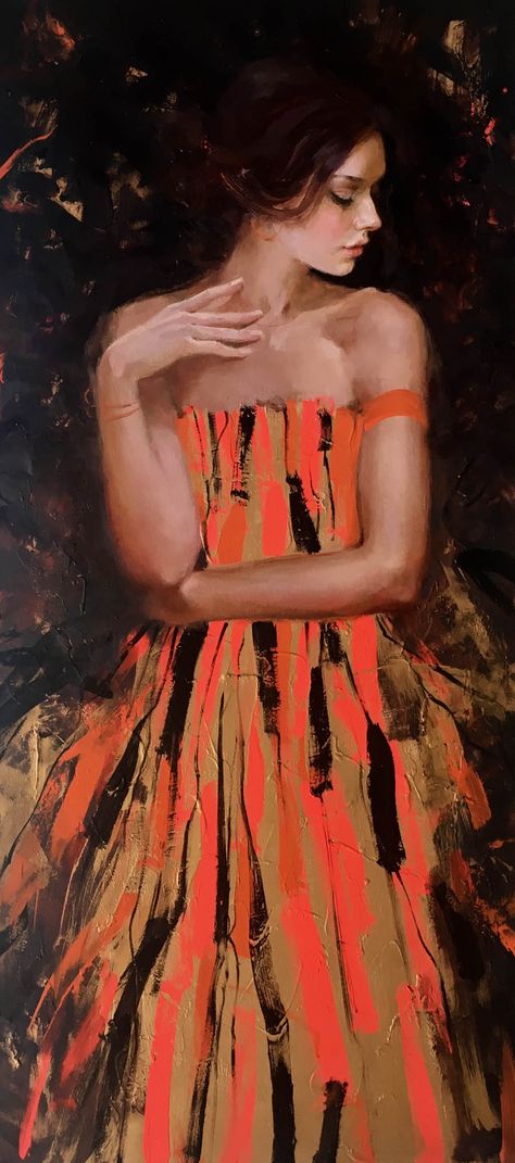 Irene Sheri  "Orange Dress"  48" x 22"  oil Irene Sheri Paintings, Irene Sheri, Impressionist Landscape, Surrealism Photography, Oil Painting Portrait, Orange Dress, Still Life Painting, Young Artist, Online Gallery