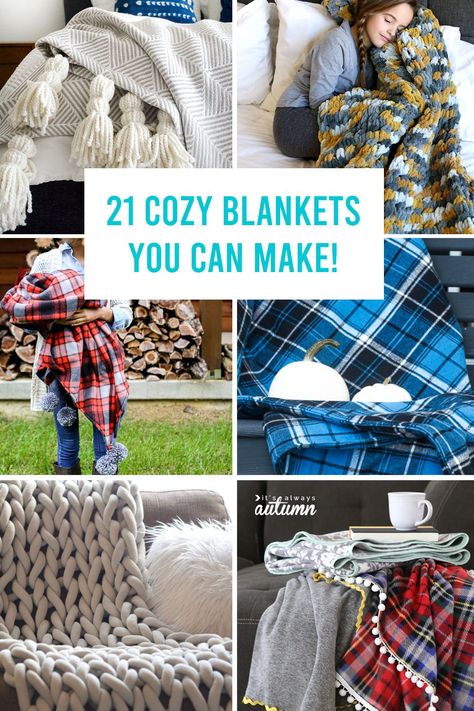 21 Cozy Blanket tutorials that will teach you how to make a blanket Diy Blankets, Easy Knit Blanket, Super Chunky Knit Blanket, Homemade Blankets, Baby Blanket Tutorial, Make A Blanket, No Sew Fleece Blanket, No Sew Blankets, Cable Knit Blankets