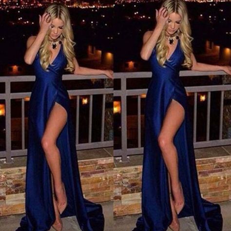 facf9f743b083008a894eee7baa16469desc52057675ri Prom Dress With Split, Simple Prom Dress Long, Luxurious Dresses, Dress With Split, Royal Blue Prom Dresses, Professional Dress, Princess Sleeves, V Neck Prom Dresses, Gown Plus Size