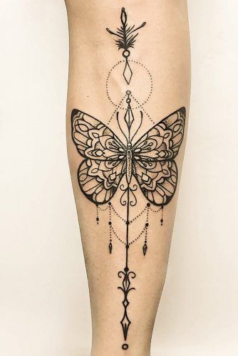 Beautiful And Meaningful Butterfly Tattoo Guide ★ See more: https://glaminati.com/butterfly-tattoo/ Calf Butterfly Tattoo, Mandala Butterfly Tattoo, Geometric Butterfly Tattoo, Butterfly Mandala Tattoo, Mandala Arm Tattoo, Colorful Bird Tattoos, Tattoo Calf, Mandala Tattoo Meaning, Tato Mandala