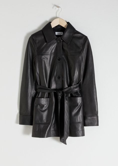 Belted Leather Trench - Black - Leather jackets - & Other Stories Trent Coat, Leather Jacket With Belt, Leather Jacket Dress, Straight Clothes, Leder Outfits, Trench Jacket, Genuine Leather Jackets, Leather Jacket Black, Models Off Duty