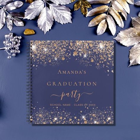 $19.40 | Guest book graduation navy blue gold glitter 2023 #guest book, graduation graduate, navy blue, gold glitter dust, monogram monogrammed name, hand lettered style script, elegant, to do lists plans planning, party, class of 2023 2024 Blue Gold Graduation Party, Guest Book Graduation, Gold Graduation Party, Glitter Dust, Graduation Party Decor, Graduation Party, Guest Book, Graduation Gifts, Blue Gold