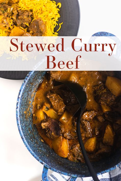 This Caribbean curry beef is stewed down with curry, coconut milk, fresh herbs and potatoes. The beef comes out tender aft 2 hours of cooking. #caribbeancurrybeef #caribbeancurrybeefrecipe #currybeefwithcoconutmilk Potato Coconut Curry, Curry Coconut Milk, Caribbean Curry, Curry Beef, Curry Coconut, Curry Stew, Iron Skillet Recipes, Skillet Recipes, Coconut Milk Recipes