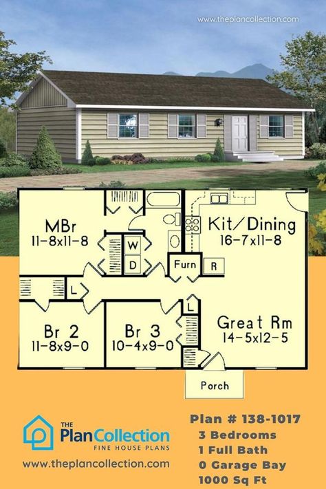 1000 Sq Ft House Plans 4 Bedroom, Traditional Ranch House, 1000 Sq Ft House, 1500 Sq Ft House, Porch Plans, 1000 Sq Ft, Ranch Style House, Build House, Laundry Cleaning