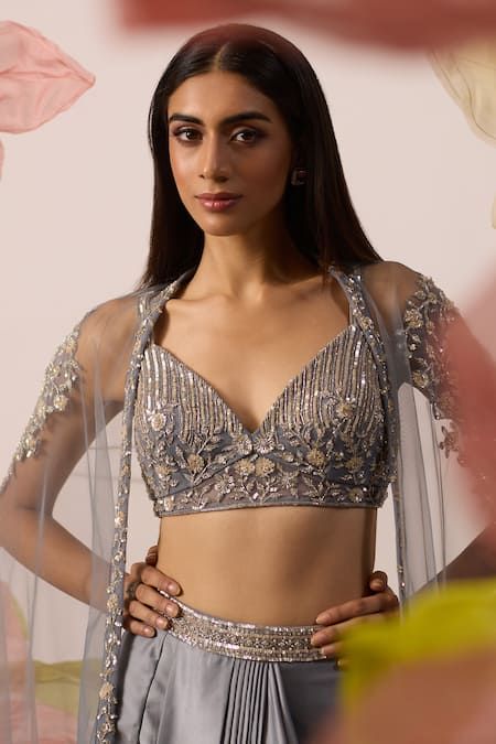 Buy Blue Bustier And Cape Net Kalmia Celeste Fleur Draped Skirt Set For Women by Roqa Online at Aza Fashions. Draped Skirt Pattern, Winged Sleeves, Choli Design, Recycled Cds, Embroidered Bustier, Western Embroidery, Embroidery Blouses, Blouse Embroidery, Gold Mangalsutra Designs