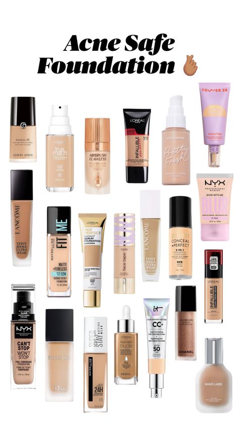 Acne safe foundation ✨ Makeup acne safe | #acnesafe | makeup | aesthetic | recommend | beauty tips | maybelline | #tarte | it cosmetics | chanel | #diorbeauty  #beautyproducts #makeupproducts Acne Safe Foundation, Acne Safe Makeup, Makeup Routine Guide, Makeup Acne, Safe Makeup, Dag Make Up, Acne Makeup, Makeup Accesories, Makeup For Black Skin